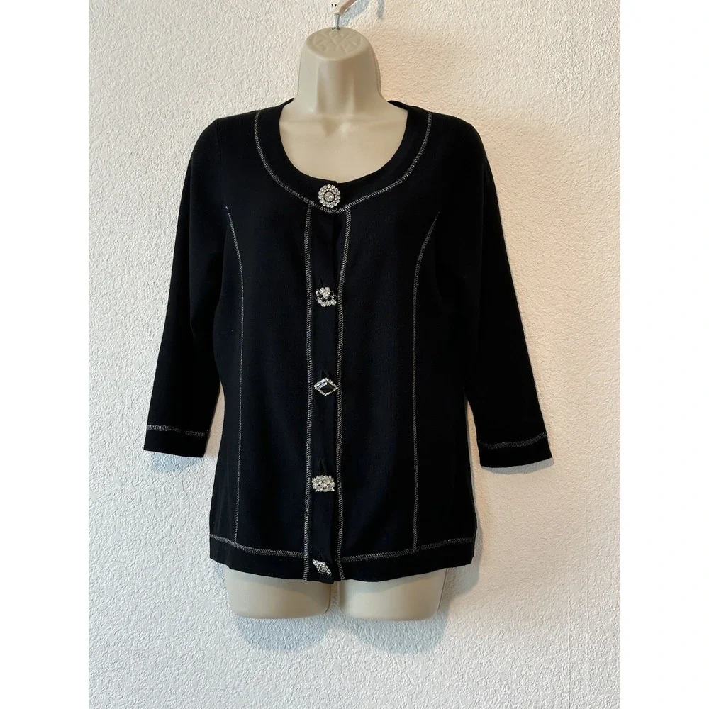 Michael Simon Womens Size Medium Black Knit Cardigan Jeweled Buttons Event Party